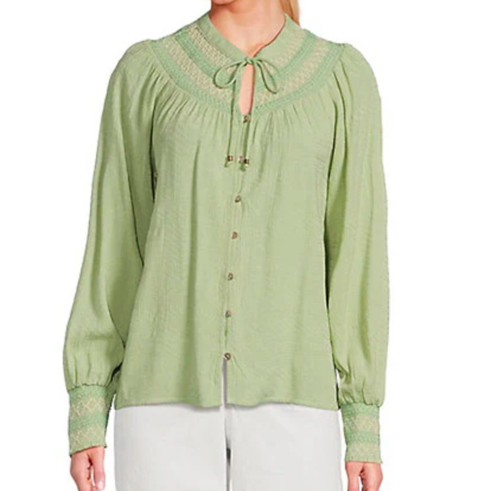 Nurture by Westbound Woven Long Sleeve Button Front Smocking Top PS Green Mint